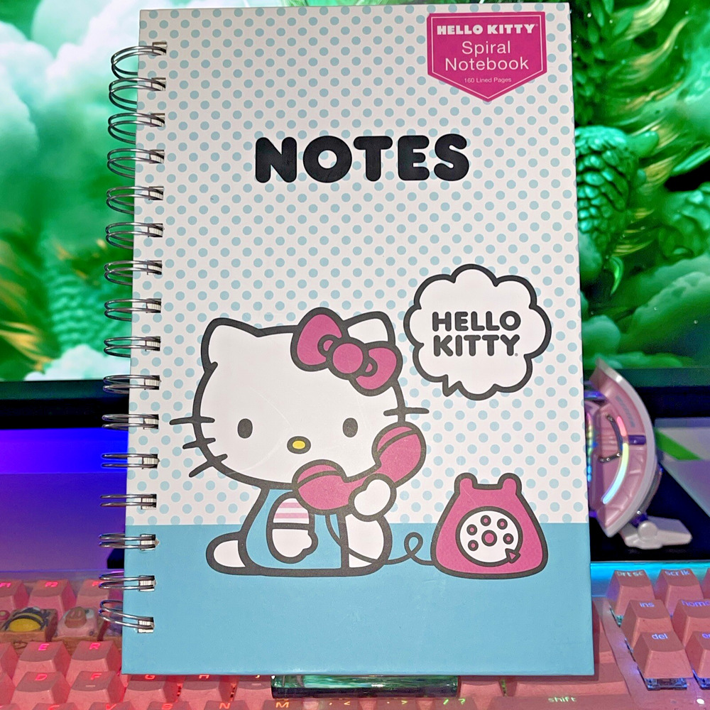 Hello Kitty Hard Cover Notebook Journal Spiral Blue Polka Dot Phone 2024 Sanrio